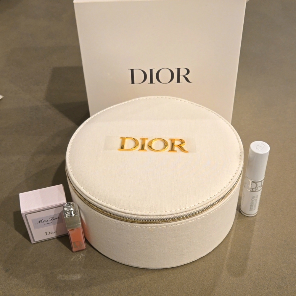 New DIOR Vanity Case Round Dior logo- cream cotton linen & Diorshow mascara trvl
